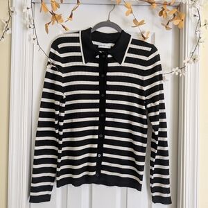 Nine West Black and White Striped Cardigan Sweater